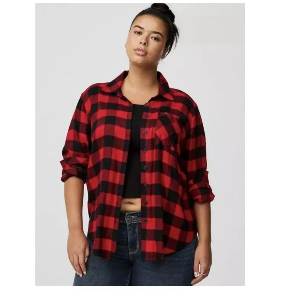 Torrid Lizzie Black Red Buffalo Plaid Twill Button Up Long Sleeve‎ Shirt Size 3X